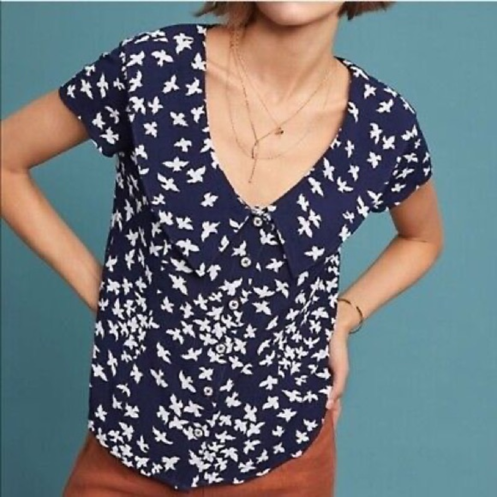Anthropologie Maeve Austen Navy Button Down Bird Print‎ Blouse Top